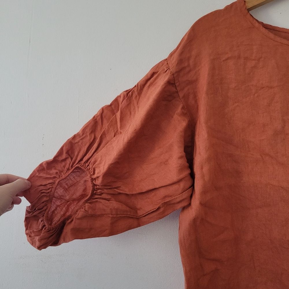 Made in Italy 100% Linen Blouse Bellambra Orange Puff Sleeve Top Medium - Picture 4 of 6